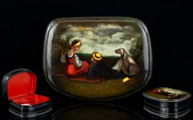 Russian Hand Painted and Signed Fine Quality Semi Oval Shaped Hinged Lacquer Box Depicting a