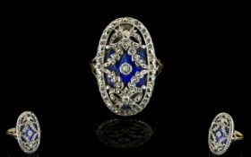 A Victorian Marcasite And Enamel Ring Oval ring with fleur de lys shoulder detail,