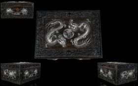 Chinese Export, Canton Carved Hinged Box With Applied Silver Dragons To The Lid And Floral Silver To