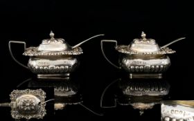 Victorian Period Pair of Fine Ornate and Solid Silver Salts with Matching Silver Salt Spoons.