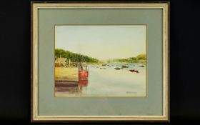 Leonora M Simcock Original Framed Watercolour On Paper 'Idle Boats'. Early-Mid 20th century