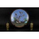 Mid 20th Century Japanese Cloisonne Wall Plate Depicting mallards in flight on mossy bank with