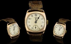 Gents - 9ct Rose Gold Mechanical Boys Size Wrist Watch, with Original Leather Strap. c.1930's /