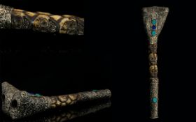 Nepal Flute - Decorated With Turquoise Stones And With Silvered Aztec Detail. Carved Skulls To