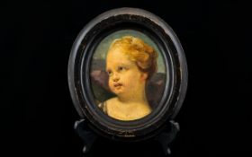 18thC Painting On Oval Panel, Depicting A Cherubs Head,