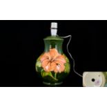 Moorcroft Impressive and Large Globular Shaped Tube lined Lamp Base ' Coral Hibiscus ' on Emerald