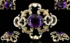 Mid Victorian Period - Large and Impressive 9ct Gold Brooch - Set with a Superb Faceted Amethyst to