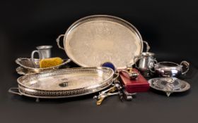 A Mixed Lot Of Silver Plated Ware To include gallery trays, serving bowls, flatware, servers, etc.