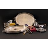 A Mixed Lot Of Silver Plated Ware To include gallery trays, serving bowls, flatware, servers, etc.