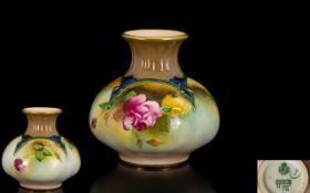 Royal Worcester - Hadleys Hand Painted Squat Vase ' Roses ' Stillife. Date 1905, Signed to Base.