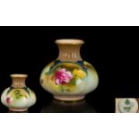 Royal Worcester - Hadleys Hand Painted Squat Vase ' Roses ' Stillife. Date 1905, Signed to Base.