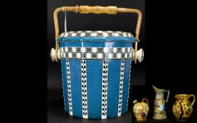 Royal Doulton 'Virginia' Pail Large ceramic pail with cane handle in blue, white and black pint.