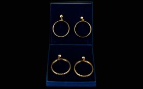 Ladies 2 Pairs of 9ct Gold Large Hoop Earrings, In As New Condition. Full Hallmark for 9ct Gold.