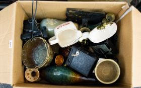 Box of Misc Compromising Glass Candle Sticks Pottery, Box Camera, Small Copper Jardiniere etc.