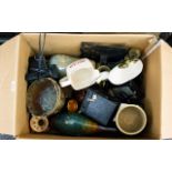 Box of Misc Compromising Glass Candle Sticks Pottery, Box Camera, Small Copper Jardiniere etc.