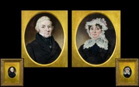 Early Victorian Period Fine Pair of Hand Painted Miniature Portraits of a Lady and Gentleman,