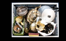 Box of Assorted Metal Ware including flatware, silver plate and brass.