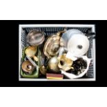 Box of Assorted Metal Ware including flatware, silver plate and brass.