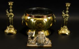 A Small Collection Of Brass Items Four items in total to include small footed bowl with twin lion