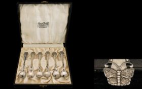Oscar Dahl - Art Nouveau Danish Superb Quality Set of Six Silver Planished Coffee Spoons,