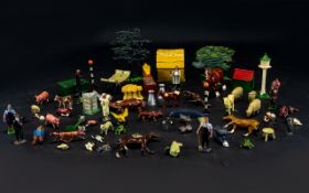 A Collection Of Vintage Die Cast Figures And Accessories A varied box to include tress, haystacks,