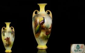 Royal Worcester Hadley Ware - Hand Painted Small Two Handle Urn Shaped Vase ' Peacock / Pheasant '