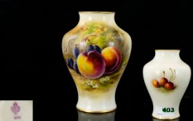 Royal Worcester Hand Painted Small Vase ' Peaches and Grapes ' Stillife. Signed Ricketts. Date 1918.