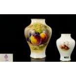 Royal Worcester Hand Painted Small Vase ' Peaches and Grapes ' Stillife. Signed Ricketts. Date 1918.