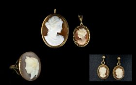 Ladies - Collection of 9ct Gold Cameo Jewellery ( 6 ) Pieces In Total. Comprises Pendant, Pair of