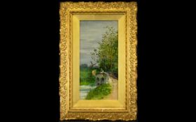 Original Oil On Canvas Late 19th/early 20th century landscape depicting figure on bridge with