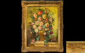 Antique Original Oil On Board Floral Still Life Signed 'L Meszaras' Housed in ornate brushed gilt