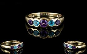18ct Gold - Nice Quality and Attractive 5 Stone Pave Set Amethyst and Tourmaline Dress Ring. Not
