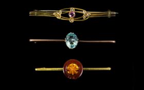 A Small Collection of Victorian 9ct Gold - Stone Set Bar Brooches, All Marked for 9ct Gold.