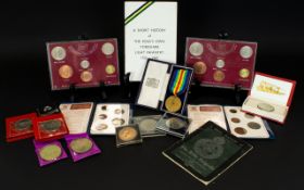 A Box of Assorted Coins including modern Commemorative and Military Interest medal -'The Great War