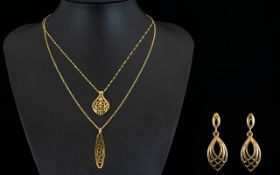 Ladies - Modern 9ct Gold Celtic Style Designed Pendant Drops Attached to 9ct Gold Chains ( 2 ) Two