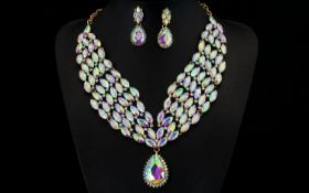 Mystic Aurora Borealis Crystal Collar Necklace and Pendant Earrings Set, articulated panels of
