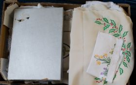 Box of Assorted Linen Large box of items comprising 2 Cotton Underskirts, Embroidered Linen Panel,