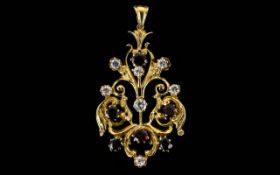 Ladies - Attractive Classical Design 9ct Gold Ornate Pendant Set with Diamonds and Garnets.