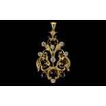 Ladies - Attractive Classical Design 9ct Gold Ornate Pendant Set with Diamonds and Garnets.