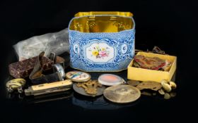 Tin With Various Collectables To Include Cap Badges, Buttons, Pen Knife,