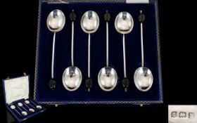 Art Deco Period - Sterling Silver Set of Six Coffee Spoons In Original Box.