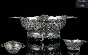 Victorian Period Superb Quality Miniature / Small Twin Handle Silver Ornate Bowl / Dish with