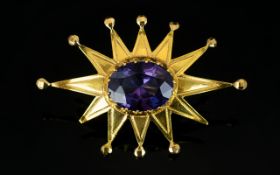 18ct Gold - Contemporary Starburst Design Single Stone Brooch,