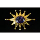 18ct Gold - Contemporary Starburst Design Single Stone Brooch,