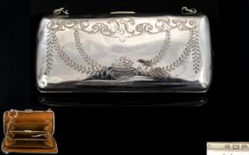 George V Ladies - Silver Purse of Rectangular Shape with Fitted Leather Interior, Which Is Complete.