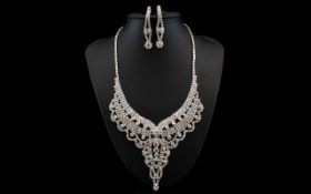 White Crystal V Shaped Collar Necklace and Long Drop Earrings,