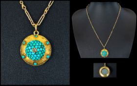 Victorian Period - Nice Quality 9ct Gold Circular Pendant Set with Turquoises and a Small Diamond