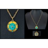 Victorian Period - Nice Quality 9ct Gold Circular Pendant Set with Turquoises and a Small Diamond