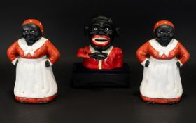 Reproduction Cast Iron Money Banks. 'Mammy' & Jolly Man' Three In total. Tallest 8 Inches.