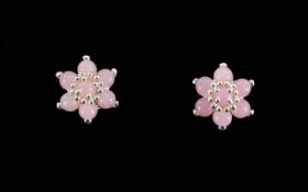 Pink Opal Flower Cluster Earrings, each earring comprising seven round cut pink opals,